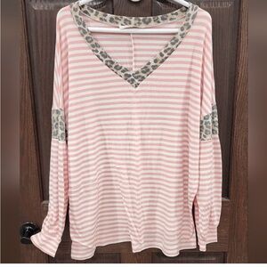 Haptics 3x Leopard print Accent Pink Striped Long Sleeve Top